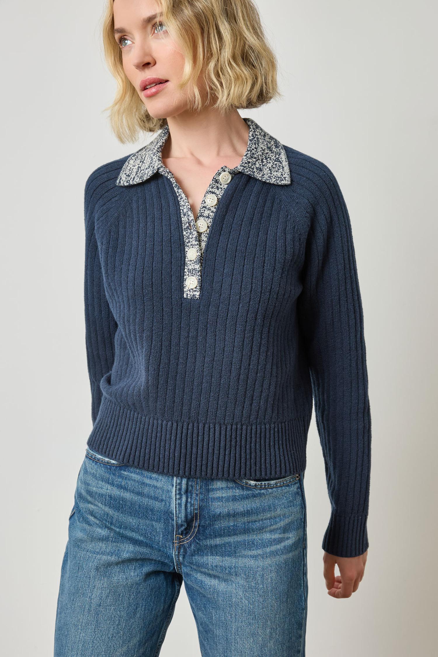 Marled Henley Sweater in color Navy Image A3