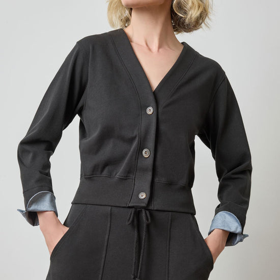 Rib Trim V-Neck Cardigan in color Black Image A1