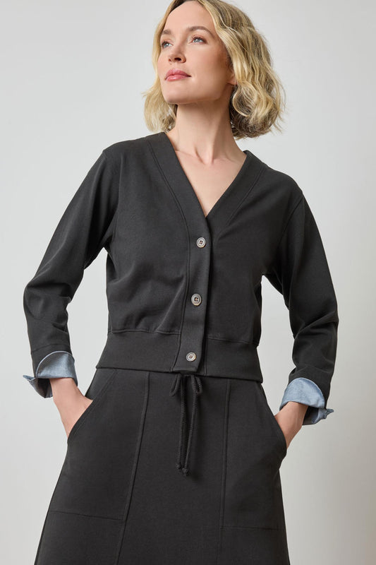 Rib Trim V-Neck Cardigan in color Black Image A1