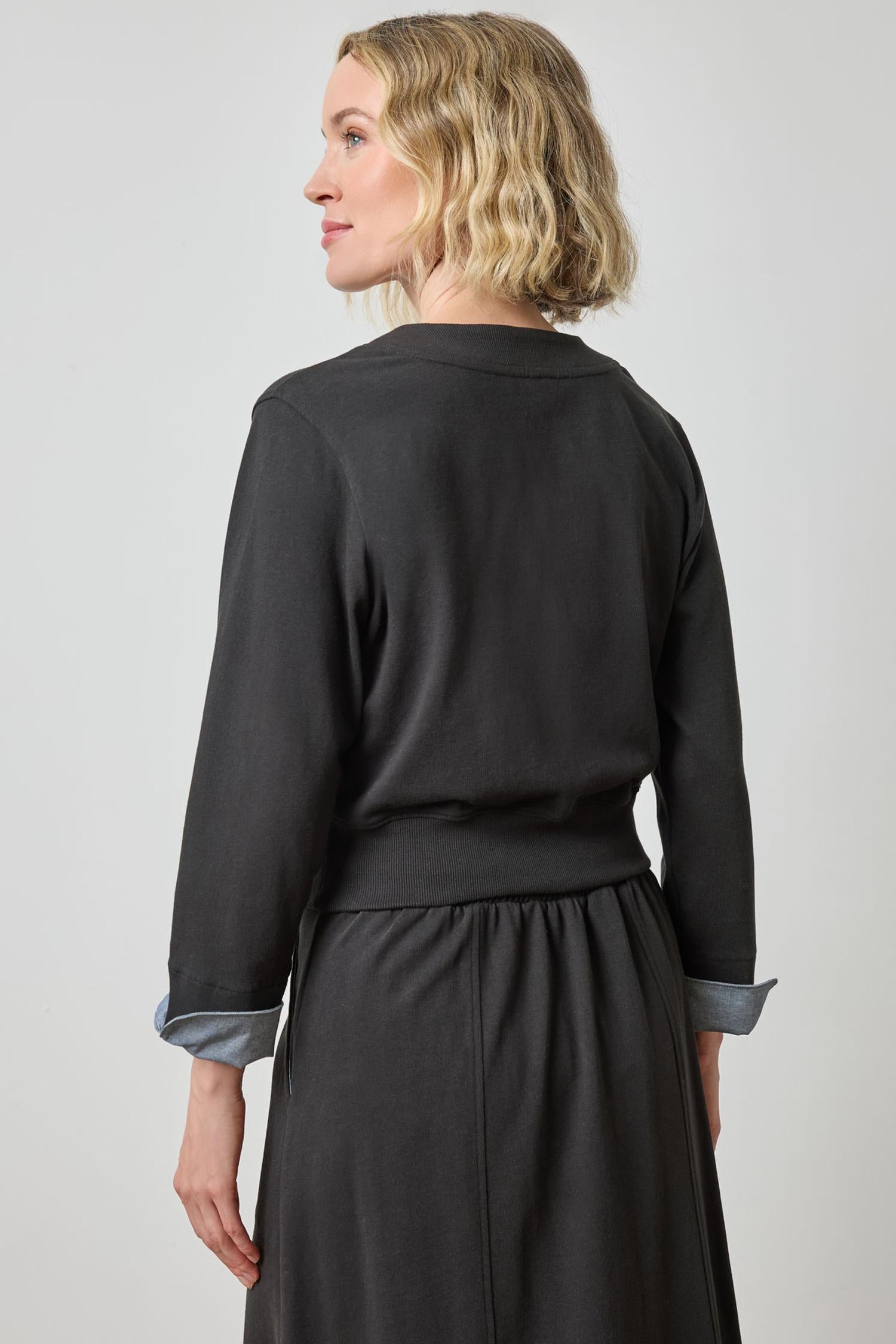 Rib Trim V-Neck Cardigan in color Black Image A2