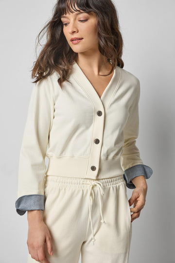 Rib Trim V-Neck Cardigan in color Magnolia Image A1
