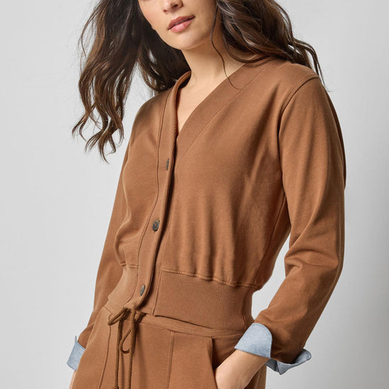 Rib Trim V-Neck Cardigan in color Toffee Image A1