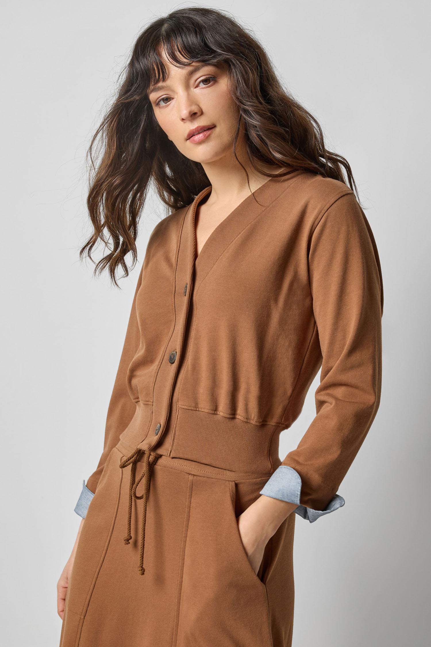 Rib Trim V-Neck Cardigan in color Toffee Image A1