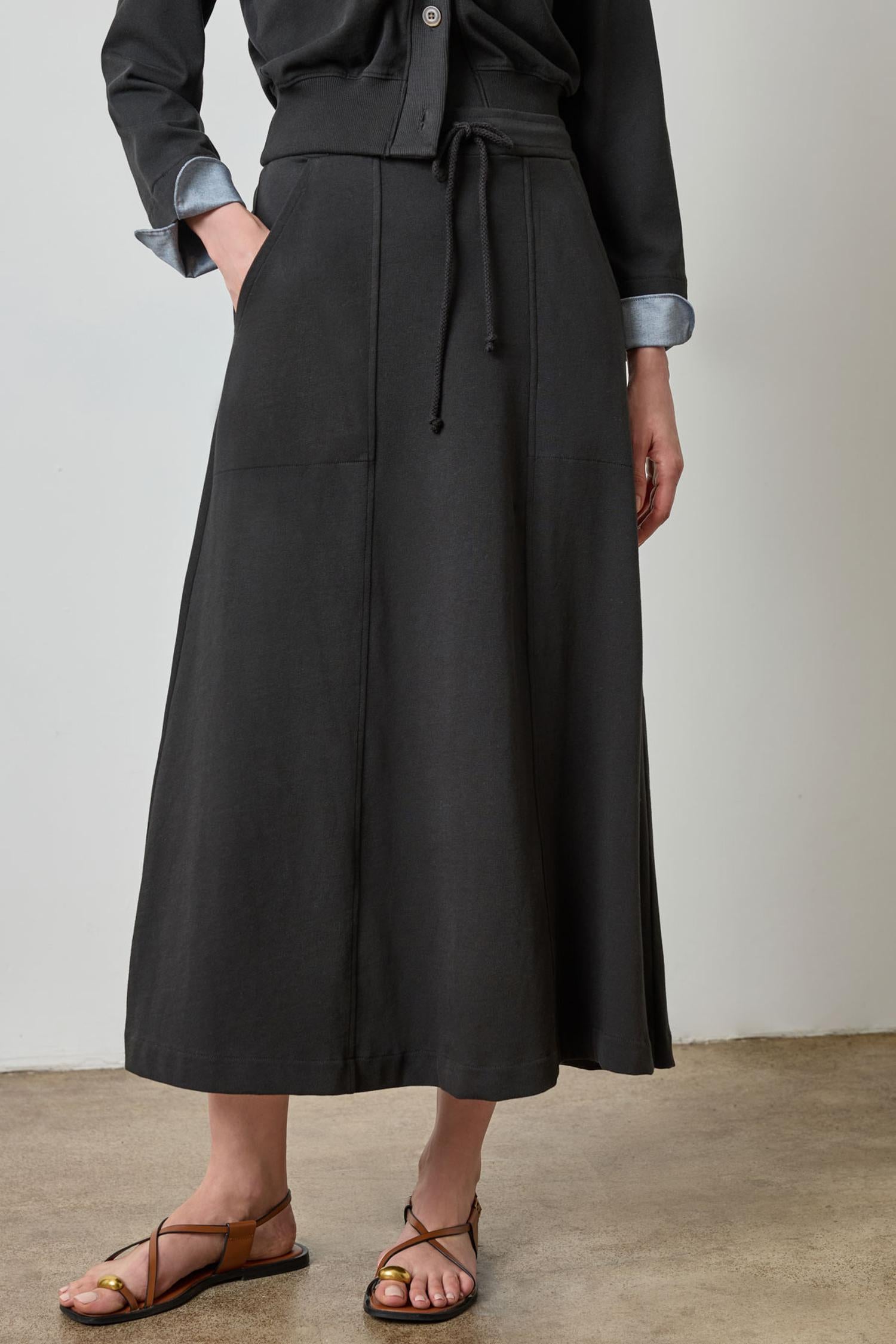 Drawcord Paneled Skirt in color Black Image A1