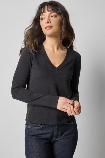 Long Sleeve Self Trim V-Neck Womens Top Black A1