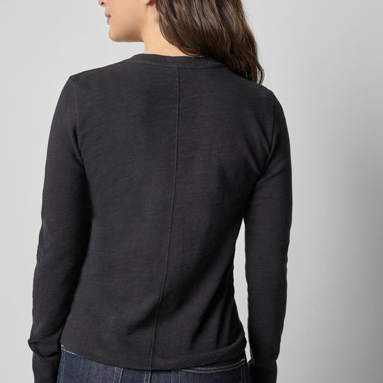 Long Sleeve Self Trim V-Neck Womens Top Black A2