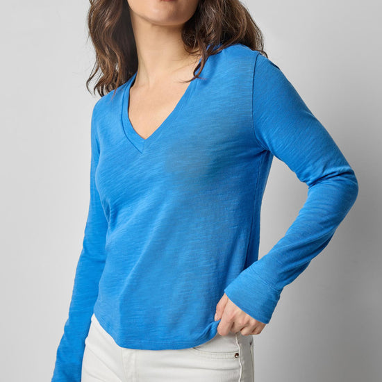 Long Sleeve Self Trim V-Neck Womens Top Lapis A1