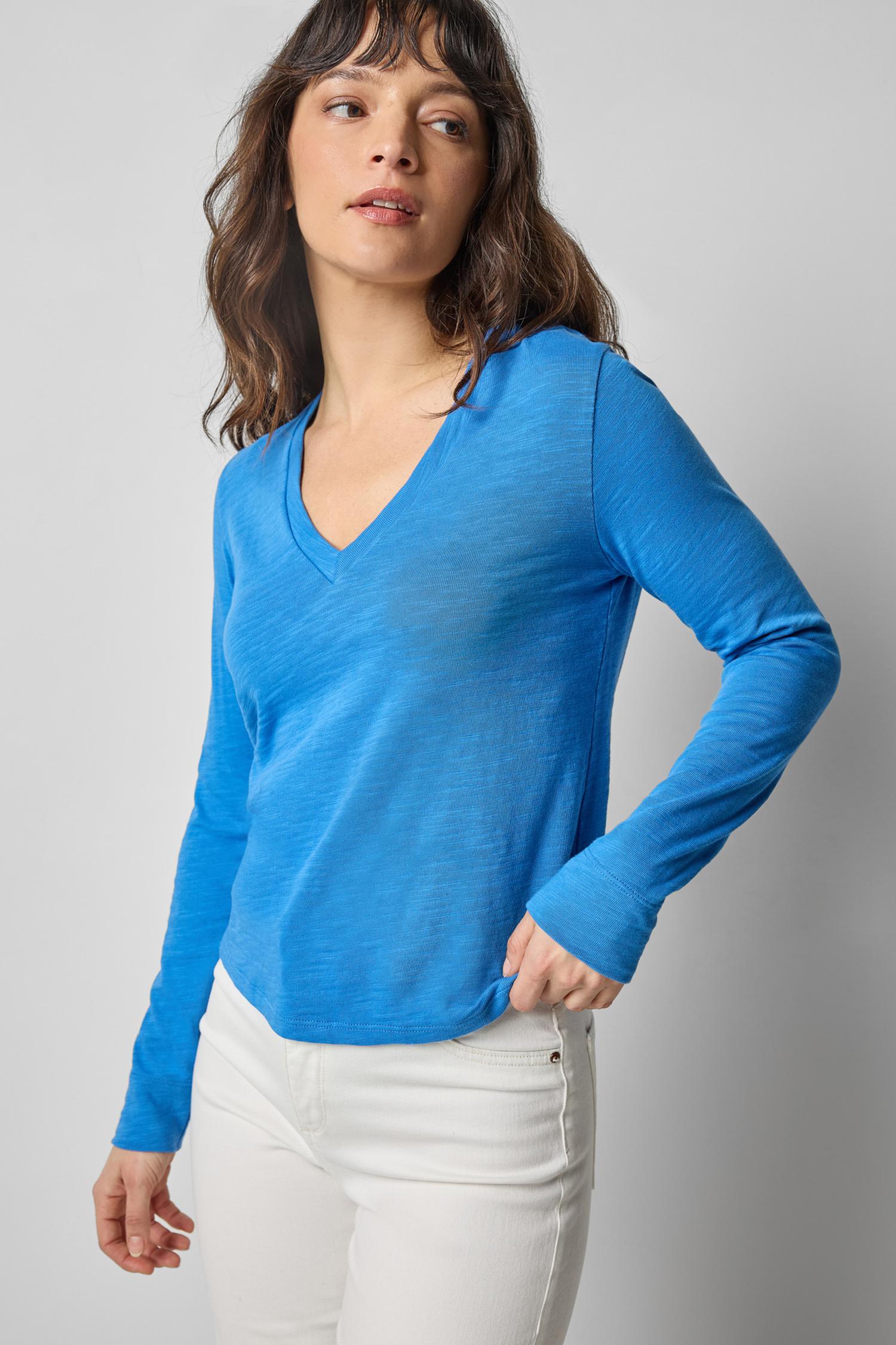 Long Sleeve Self Trim V-Neck Womens Top Lapis A1