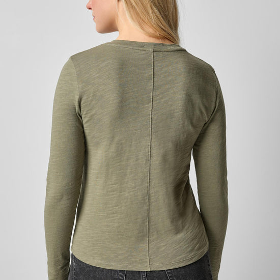 Long Sleeve Self Trim V-Neck Womens Top Matcha A2