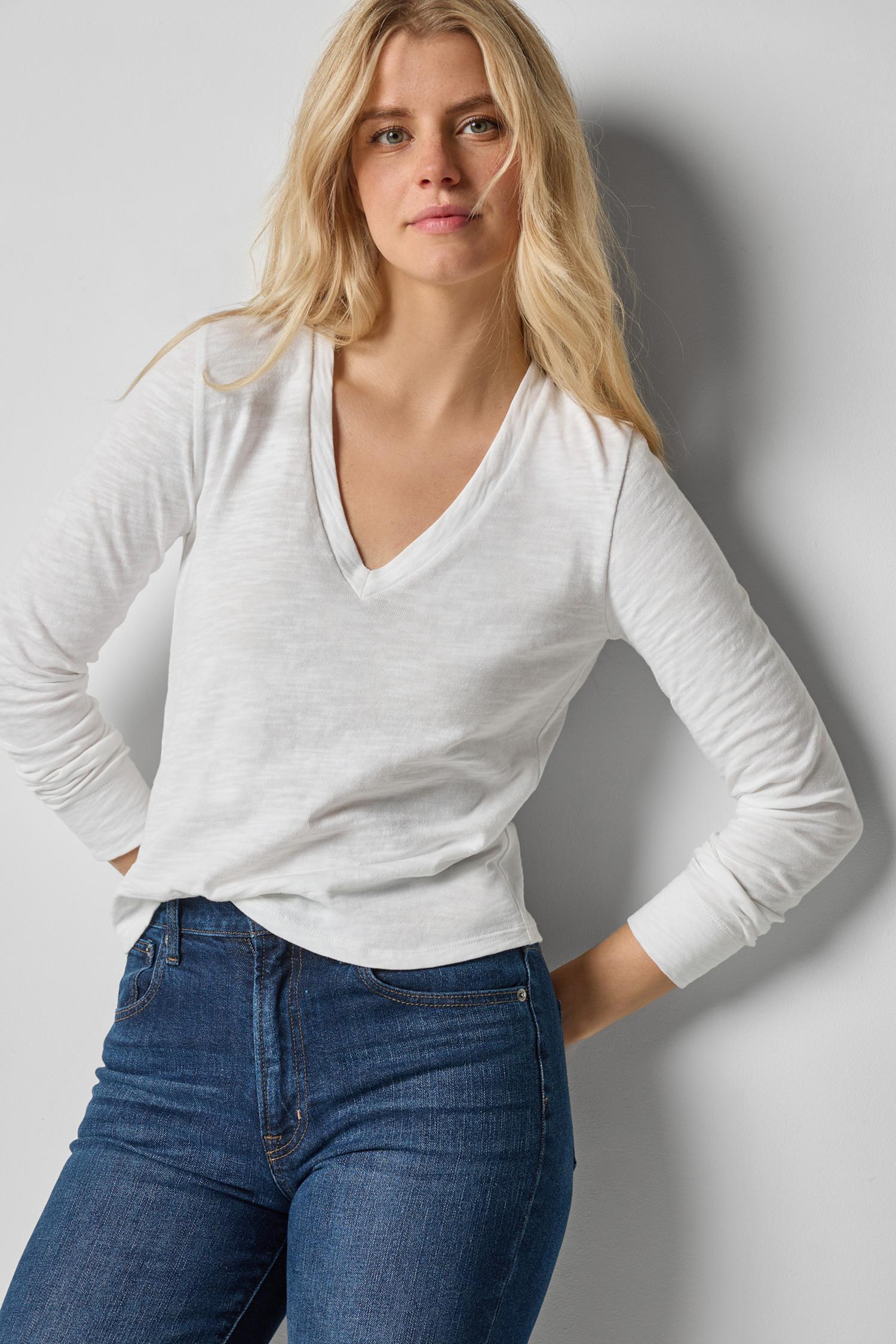 Long Sleeve Self Trim V-Neck Womens Top White A1