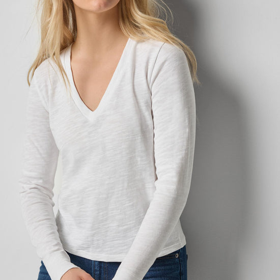 Long Sleeve Self Trim V-Neck Womens Top White A3
