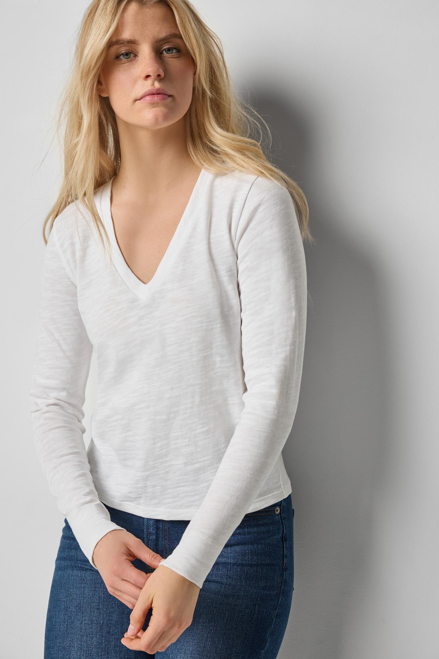 Long Sleeve Self Trim V-Neck Womens Top White A3