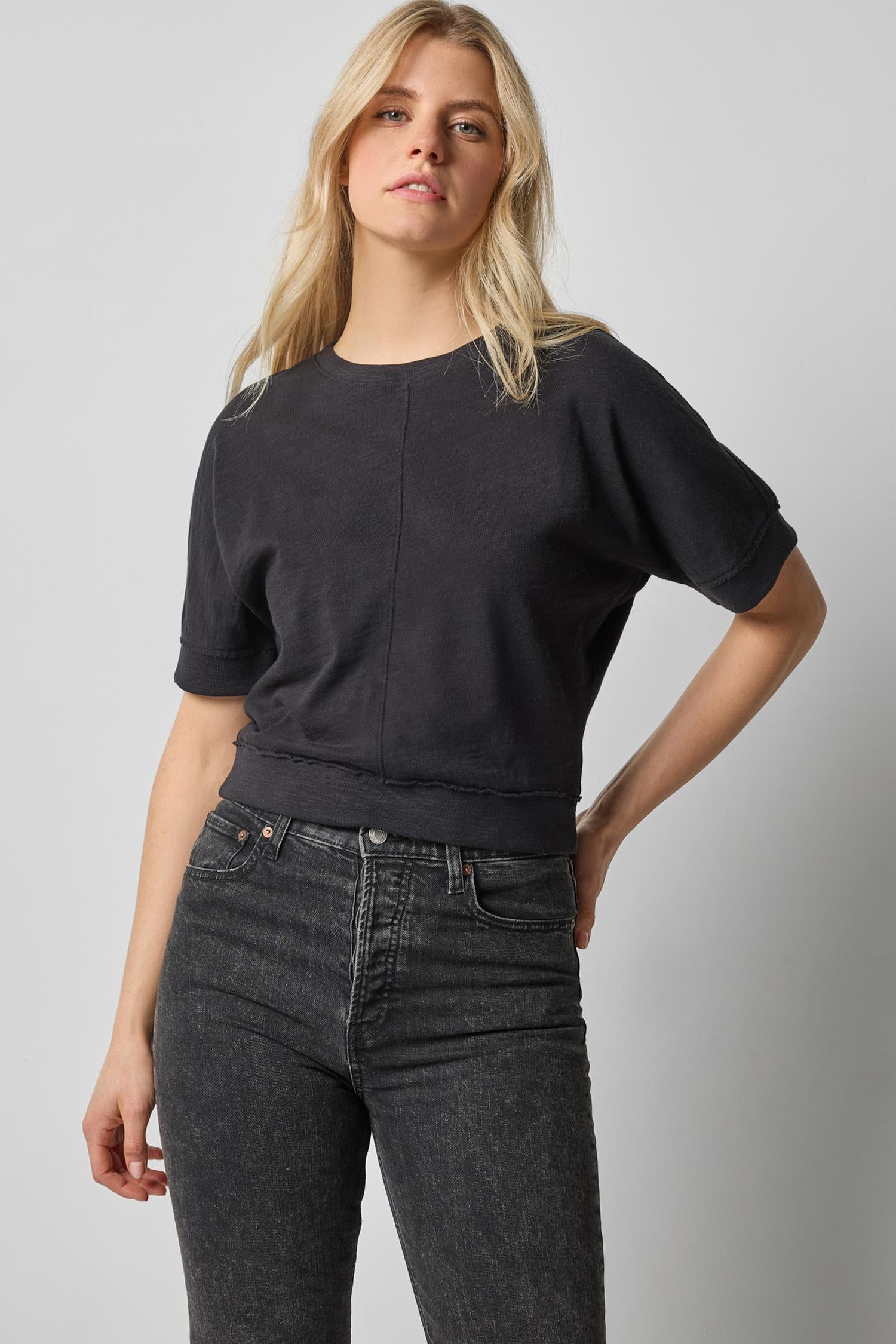 Rib Trim Short Sleeve in color Black Image A1