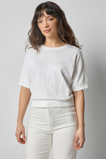 Rib Trim Short Sleeve Womens Top White A1
