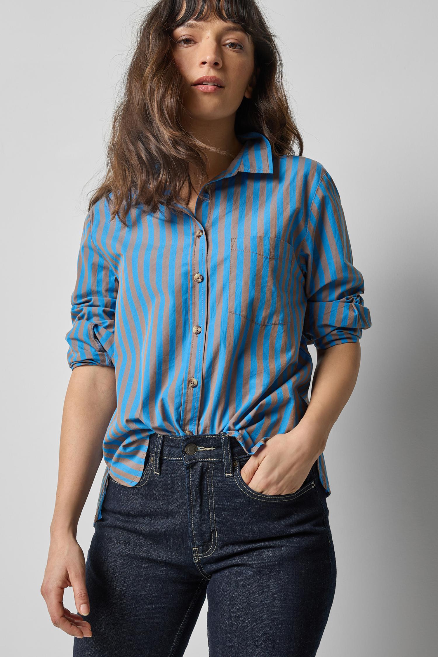 Striped Button Down Shirt in color Cocoa/Lapis Stripe Image A1
