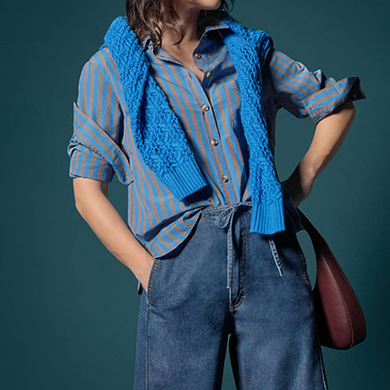 Striped Button Down Shirt in color Cocoa/Lapis Stripe Image C0