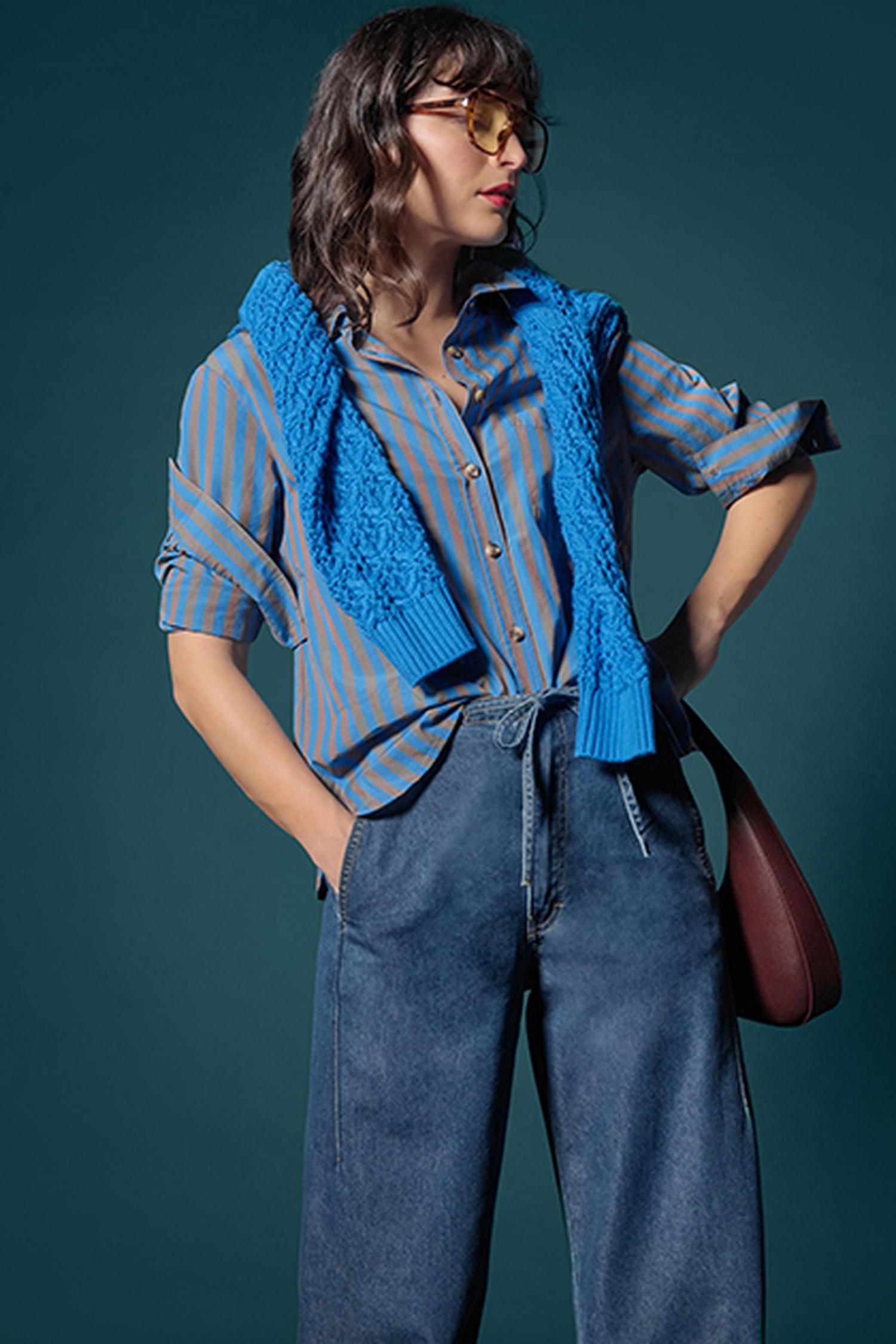 Striped Button Down Shirt in color Cocoa/Lapis Stripe Image C0