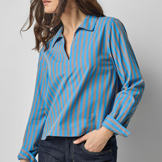 Striped Split Neck Collared Shirt in color Cocoa/Lapis Stripe Image A1