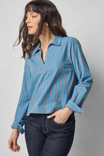 Striped Split Neck Collared Shirt Womens Top Cocoa/Lapis Stripe A1