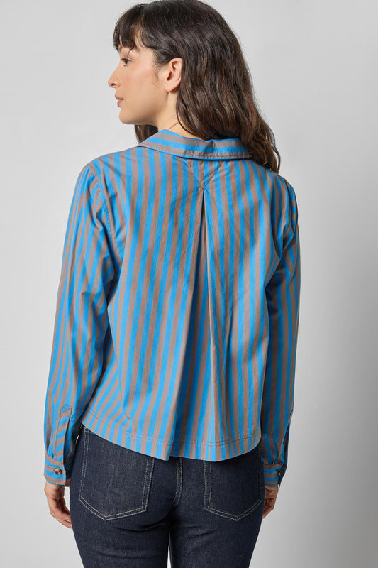 Striped Split Neck Collared Shirt in color Cocoa/Lapis Stripe Image A2