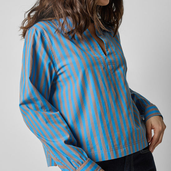 Striped Split Neck Collared Shirt in color Cocoa/Lapis Stripe Image A3