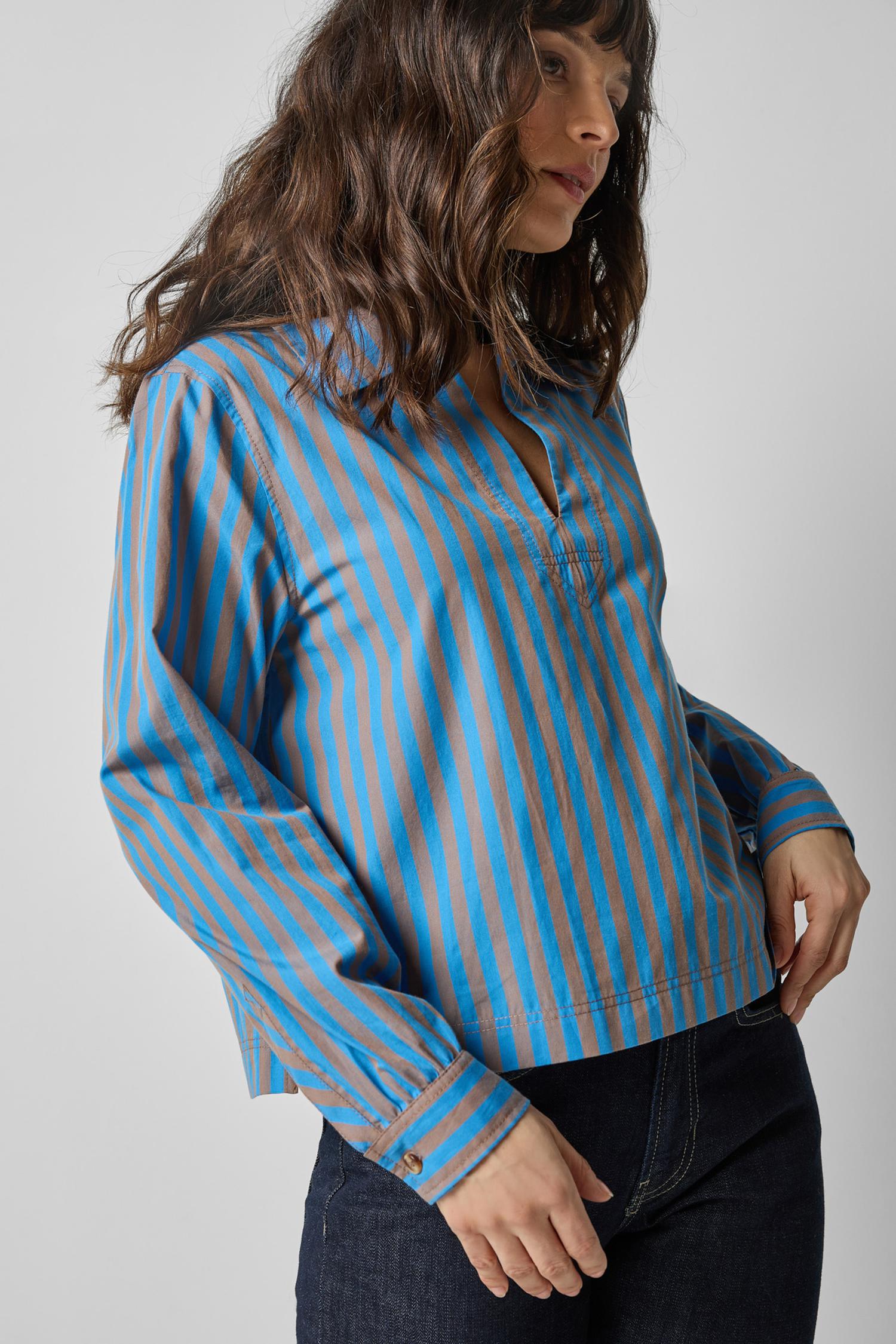 Striped Split Neck Collared Shirt in color Cocoa/Lapis Stripe Image A3