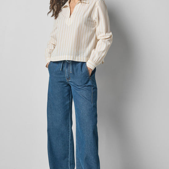 Striped Split Neck Collared Shirt in color Ivory/White Stripe Image A0