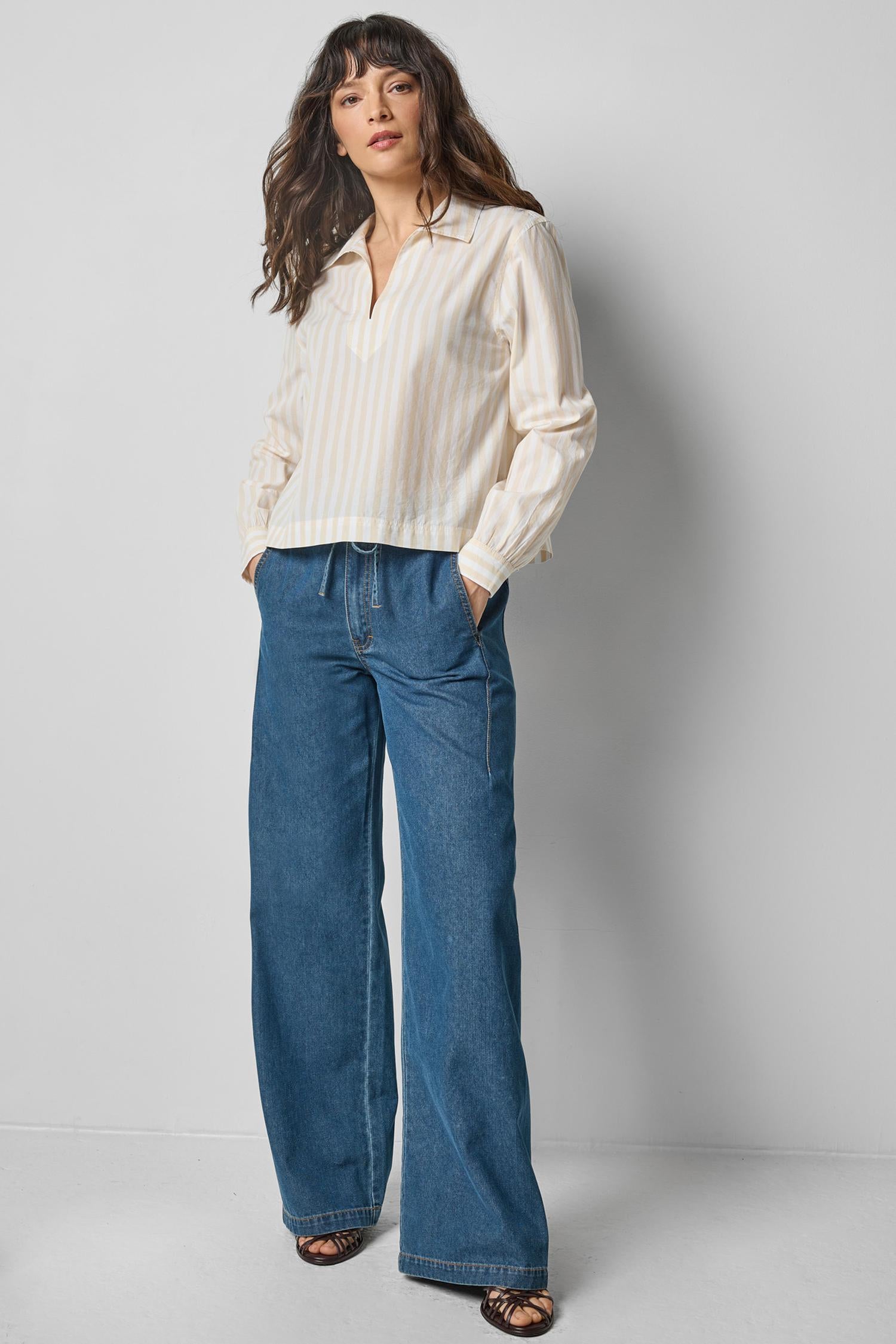 Striped Split Neck Collared Shirt in color Ivory/White Stripe Image A0