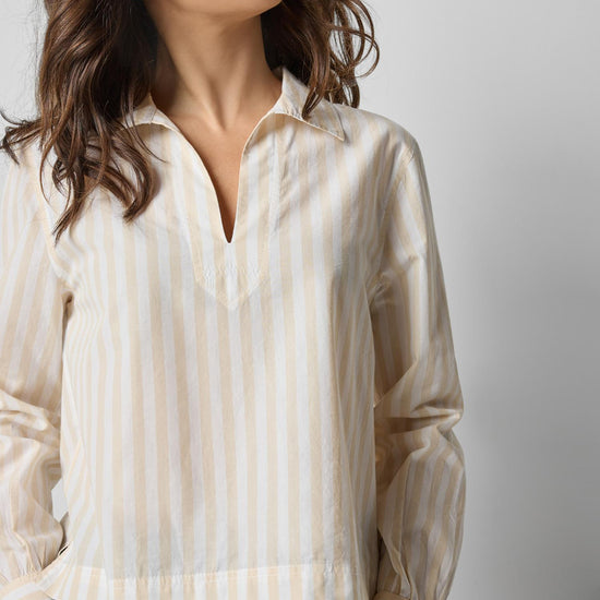 Striped Split Neck Collared Shirt in color Ivory/White Stripe Image A1