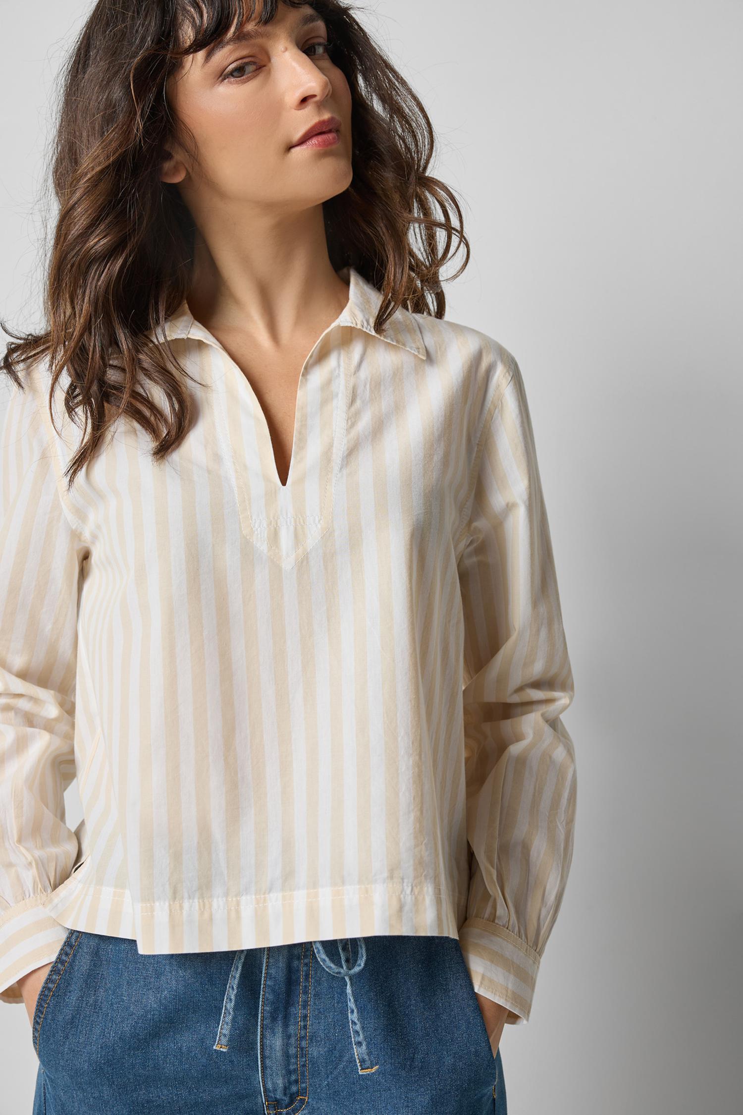 Striped Split Neck Collared Shirt Womens Top Ivory/White Stripe A1