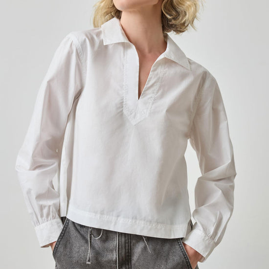 Striped Split Neck Collared Shirt in color White Image A1