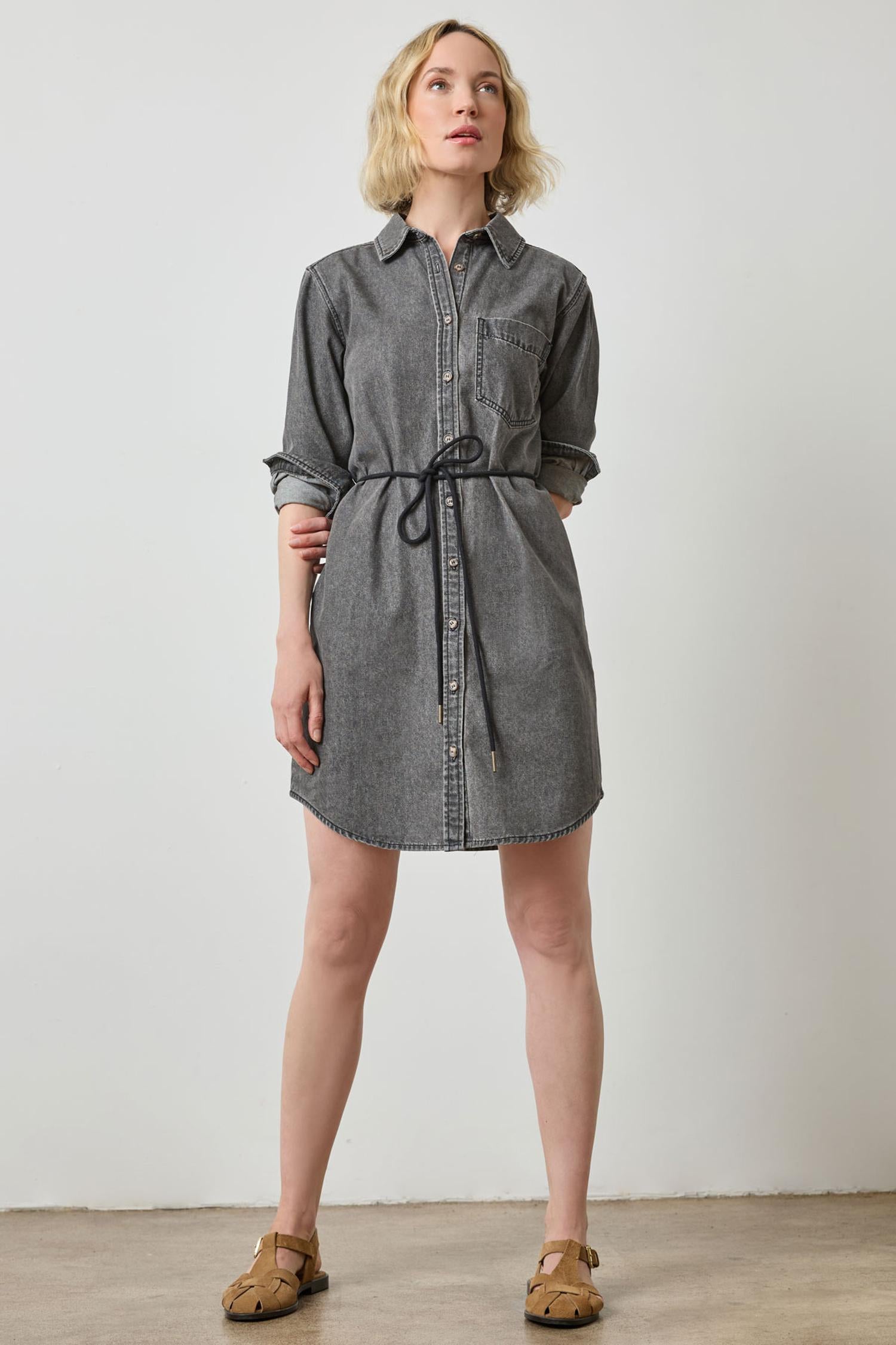 Denim Button Down Shirt Dress Womens Dress Grey Denim A1