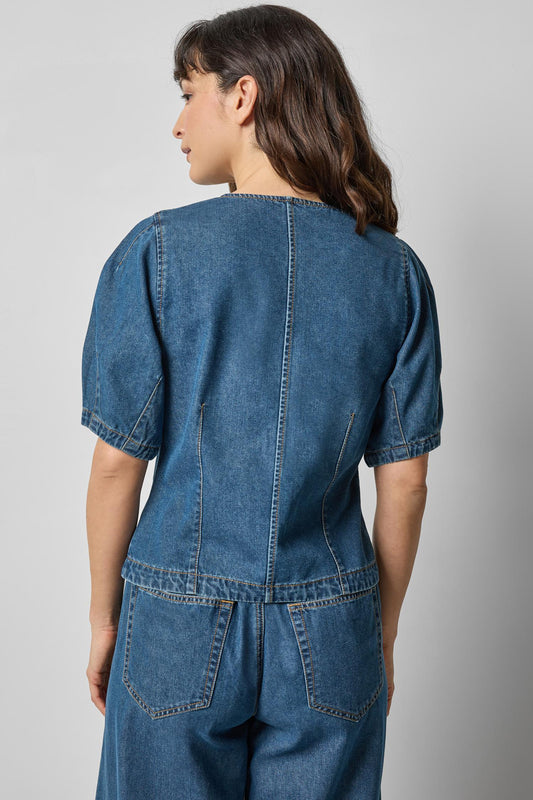 Denim Full Sleeve Seamed Top in color Blue Denim Image A2