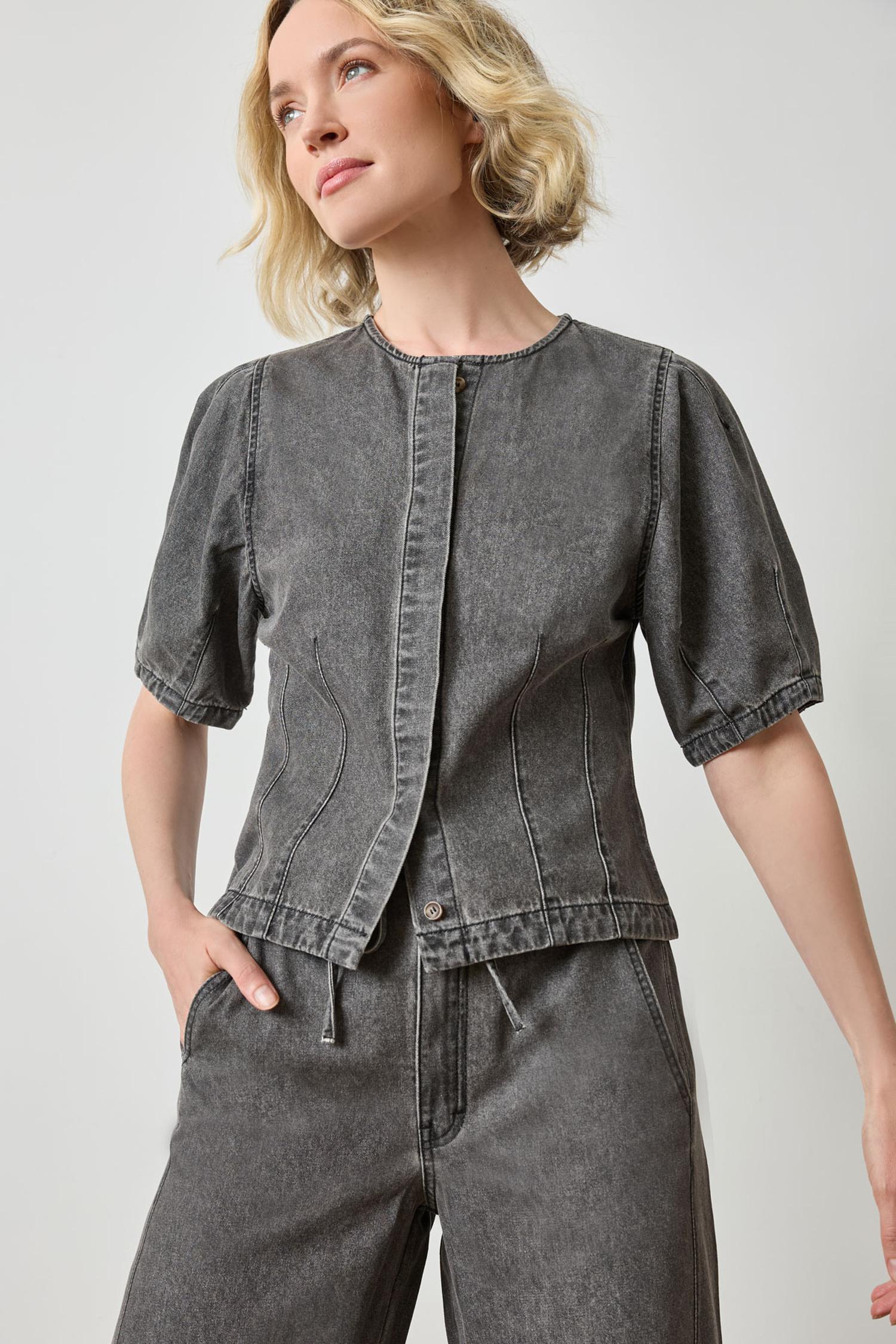 Denim Full Sleeve Seamed Top in color Grey Denim Image A1