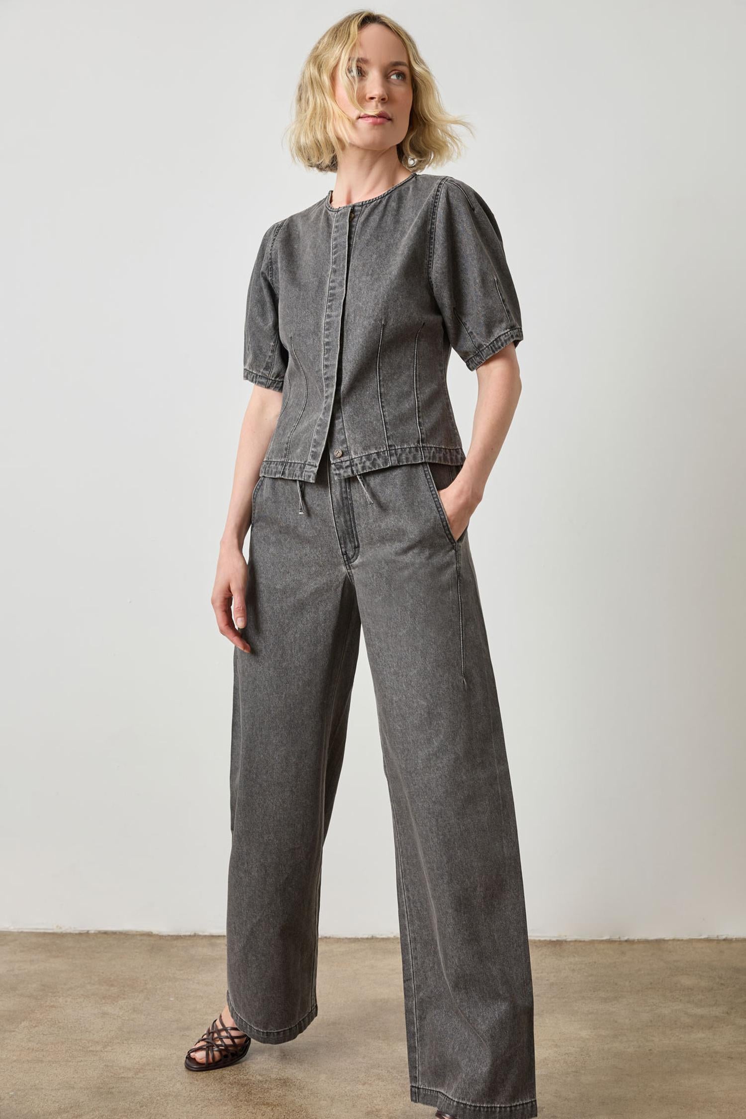 Denim Full Sleeve Seamed Top in color Grey Denim Image A3