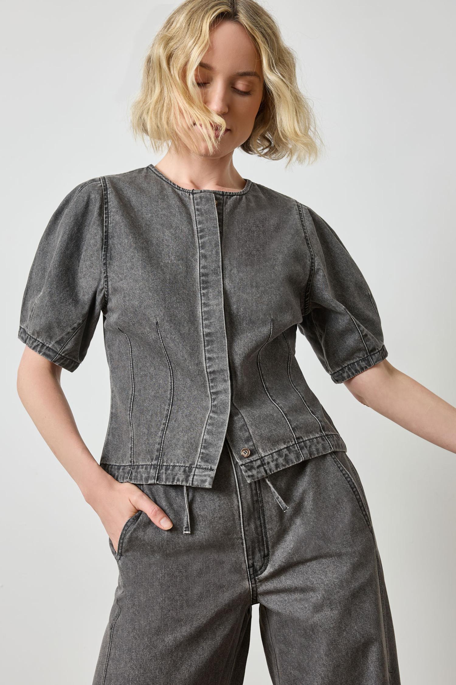 Denim Full Sleeve Seamed Top in color Grey Denim Image A4