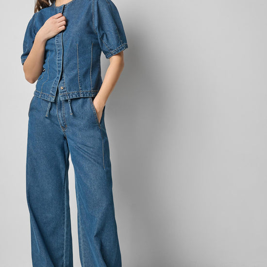 Denim Straight Leg Drawcord Pant in color Blue Denim Image A0