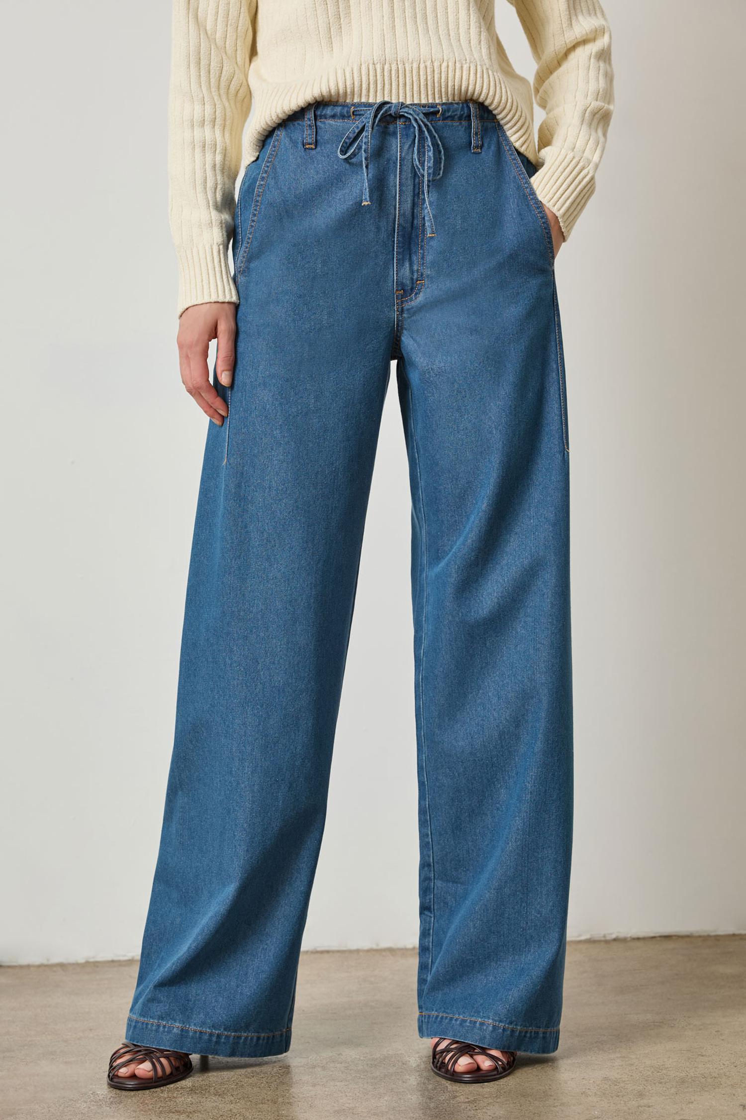 Denim Straight Leg Drawcord Pant Womens Pant Blue Denim A1