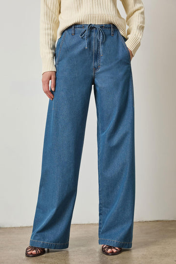 Denim Straight Leg Drawcord Pant Womens Pant Blue Denim A1