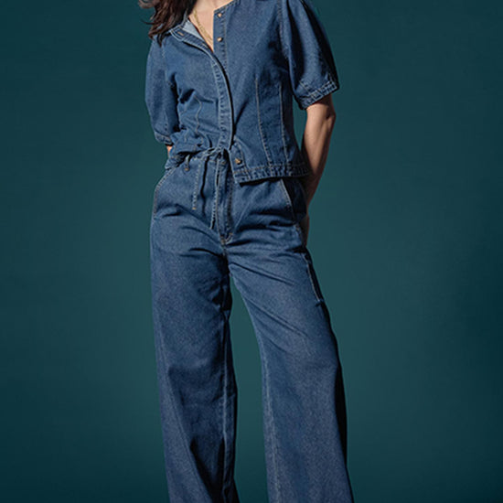 Denim Straight Leg Drawcord Pant in color Blue Denim Image C0