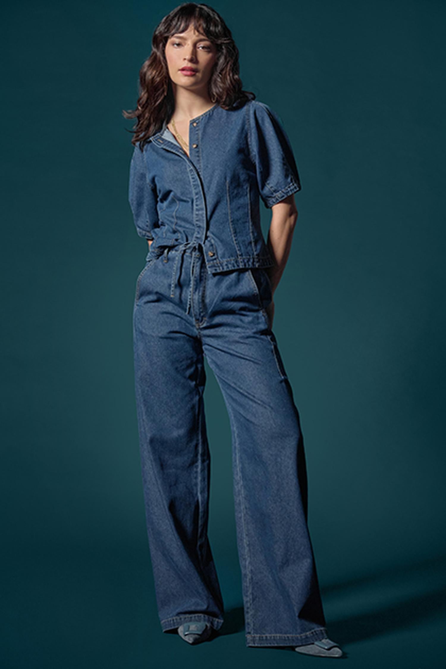 Denim Straight Leg Drawcord Pant in color Blue Denim Image C0