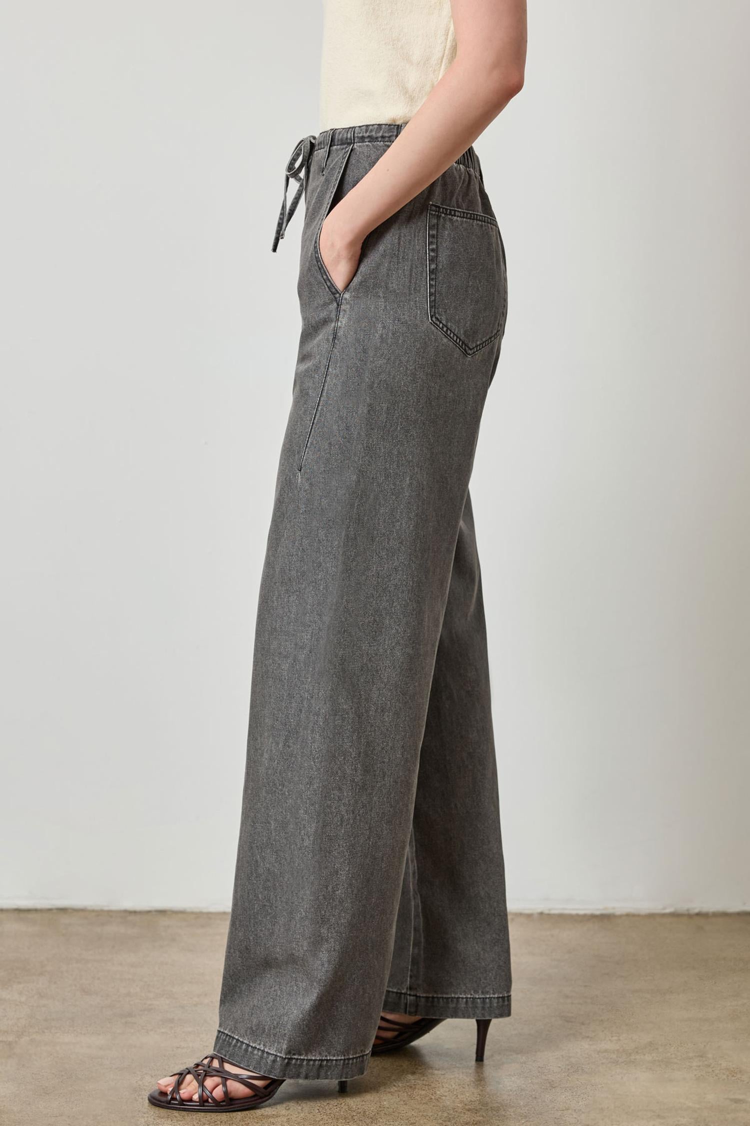 Denim Straight Leg Drawcord Pant in color Grey Denim Image A3