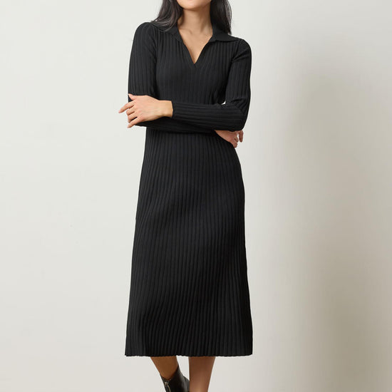Long Sleeve Rib Henley Dress Womens Dress Black A1