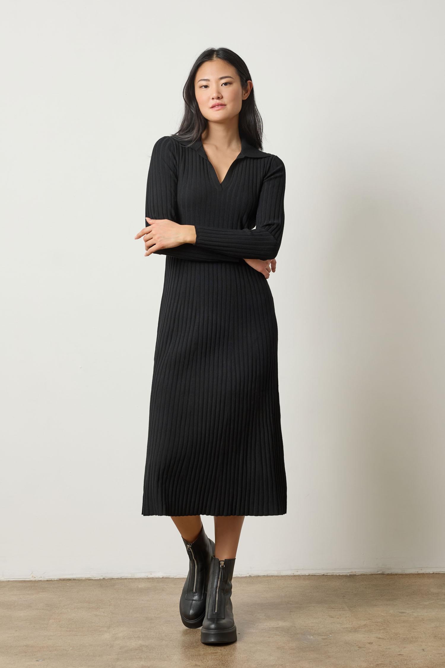 Long Sleeve Rib Henley Dress Black / X-Small