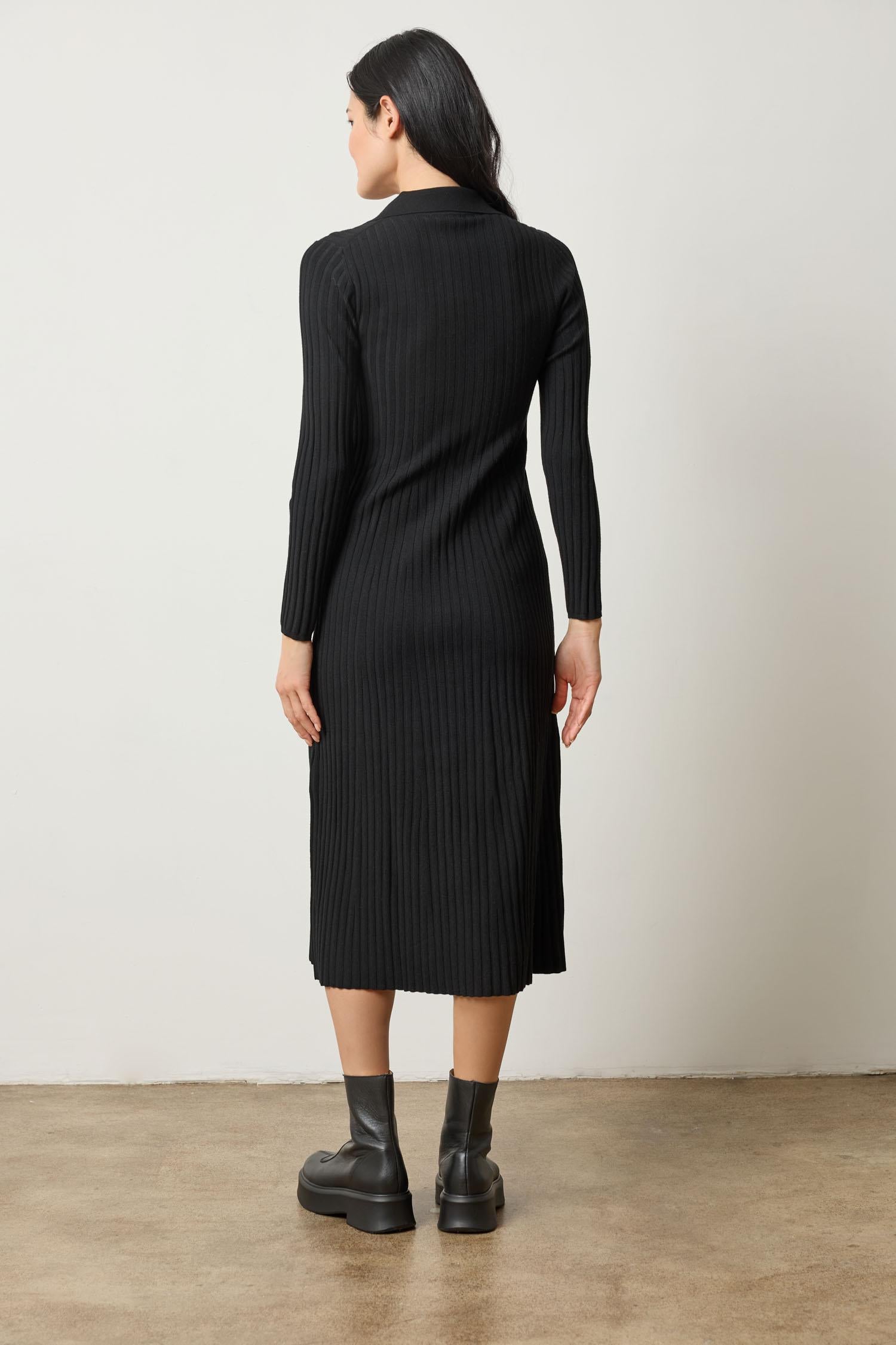 Long Sleeve Rib Henley Dress Womens Dress Black A2