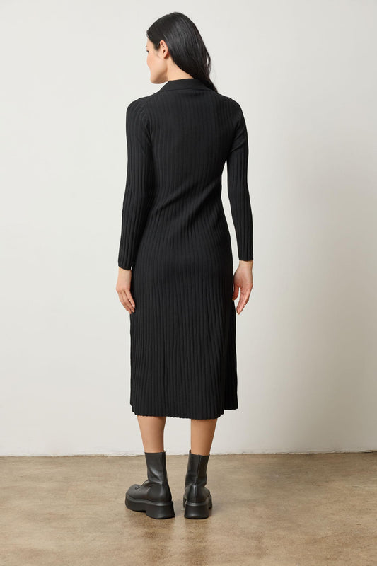 Long Sleeve Rib Henley Dress in color Black Image A2