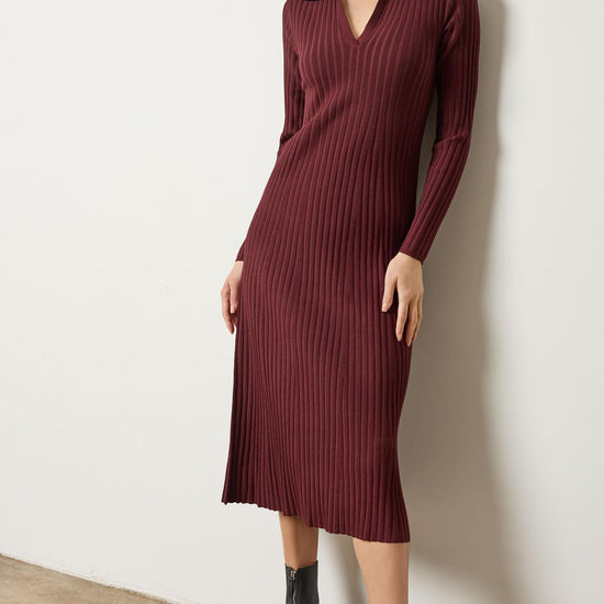Long Sleeve Rib Henley Dress Womens Dress Dark Cherry A1
