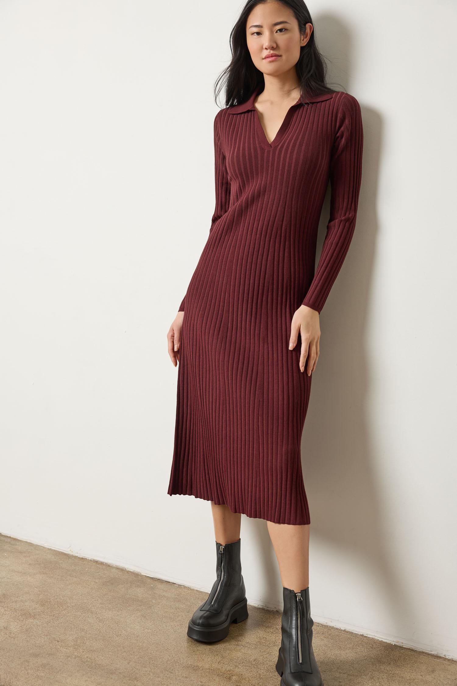 Long Sleeve Rib Henley Dress Dark Cherry / X-Small Long Sleeve Rib Henley Dress Dark Cherry / X-Small