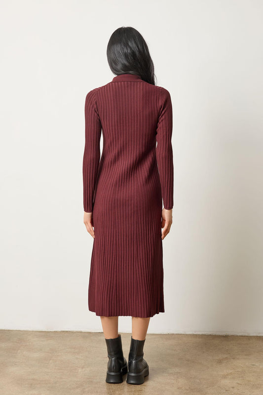 Long Sleeve Rib Henley Dress Womens Dress Dark Cherry A2