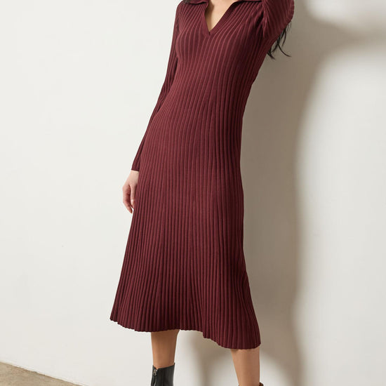 Long Sleeve Rib Henley Dress Womens Dress Dark Cherry A3
